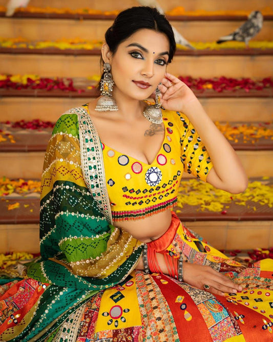 Yellow Multicolor Digital Print Real Mirror Work Navrati Lehenga