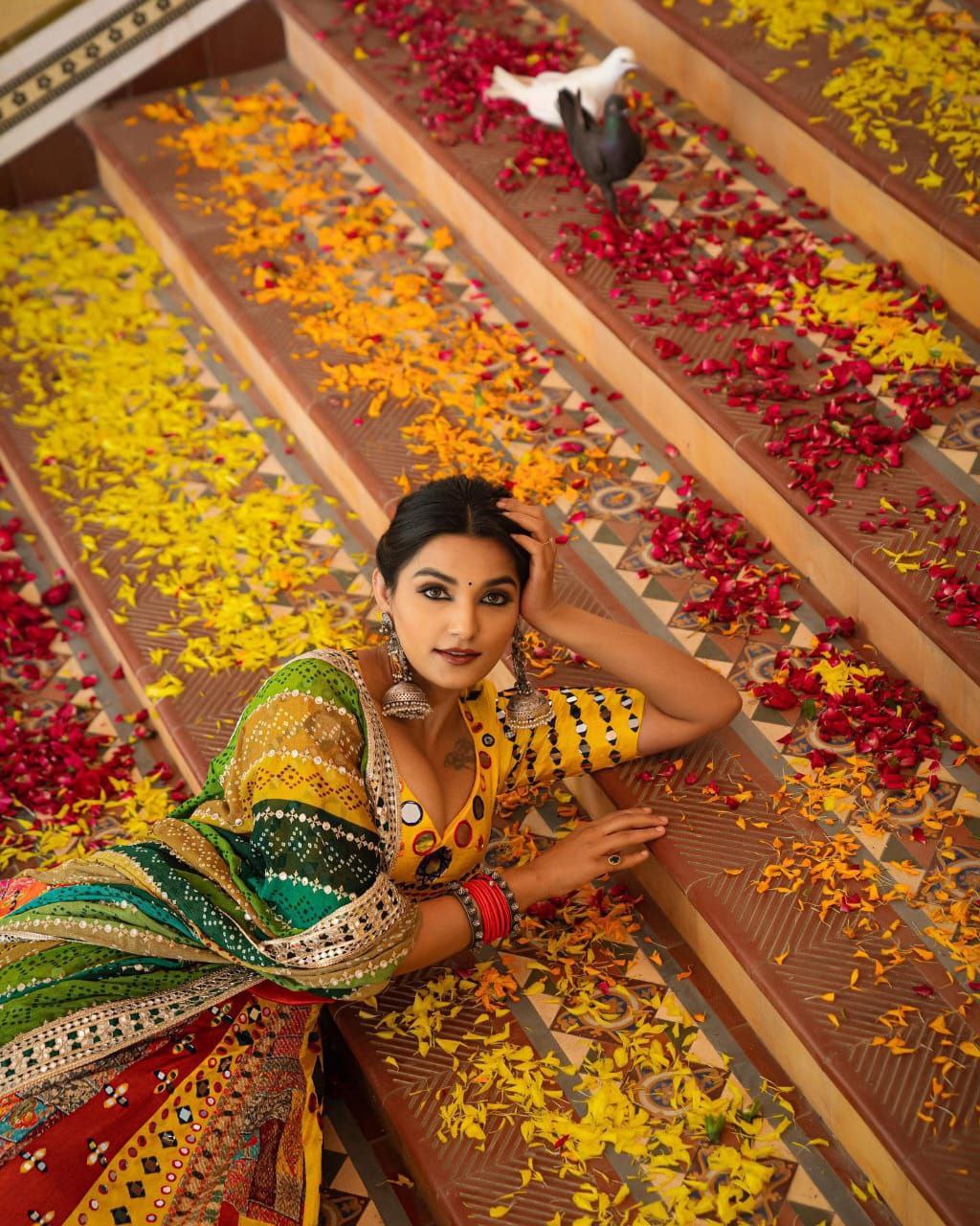 Yellow Multicolor Digital Print Real Mirror Work Navrati Lehenga