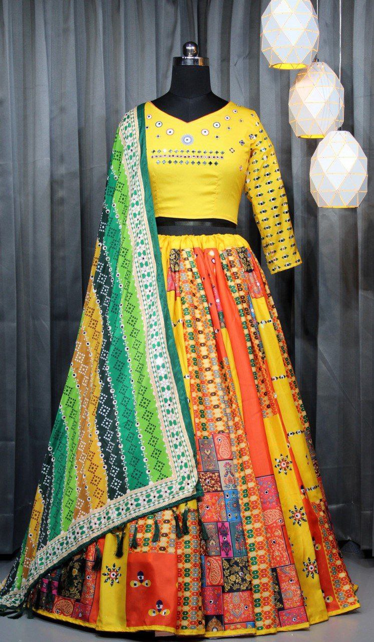Yellow Multicolor Digital Print Real Mirror Work Navrati Lehenga