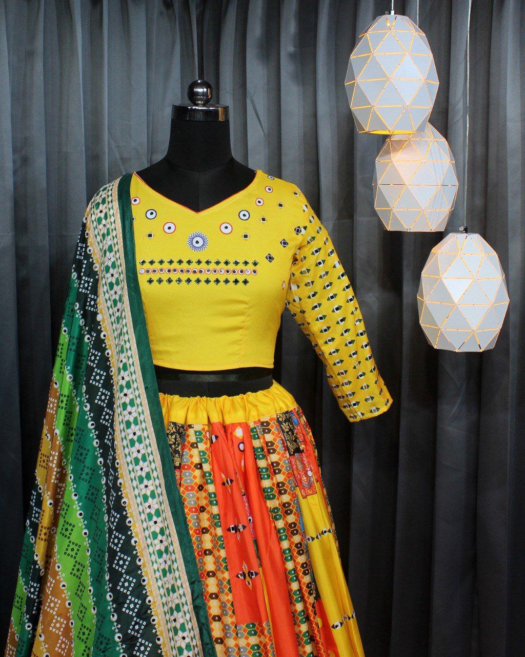 Yellow Multicolor Digital Print Real Mirror Work Navrati Lehenga