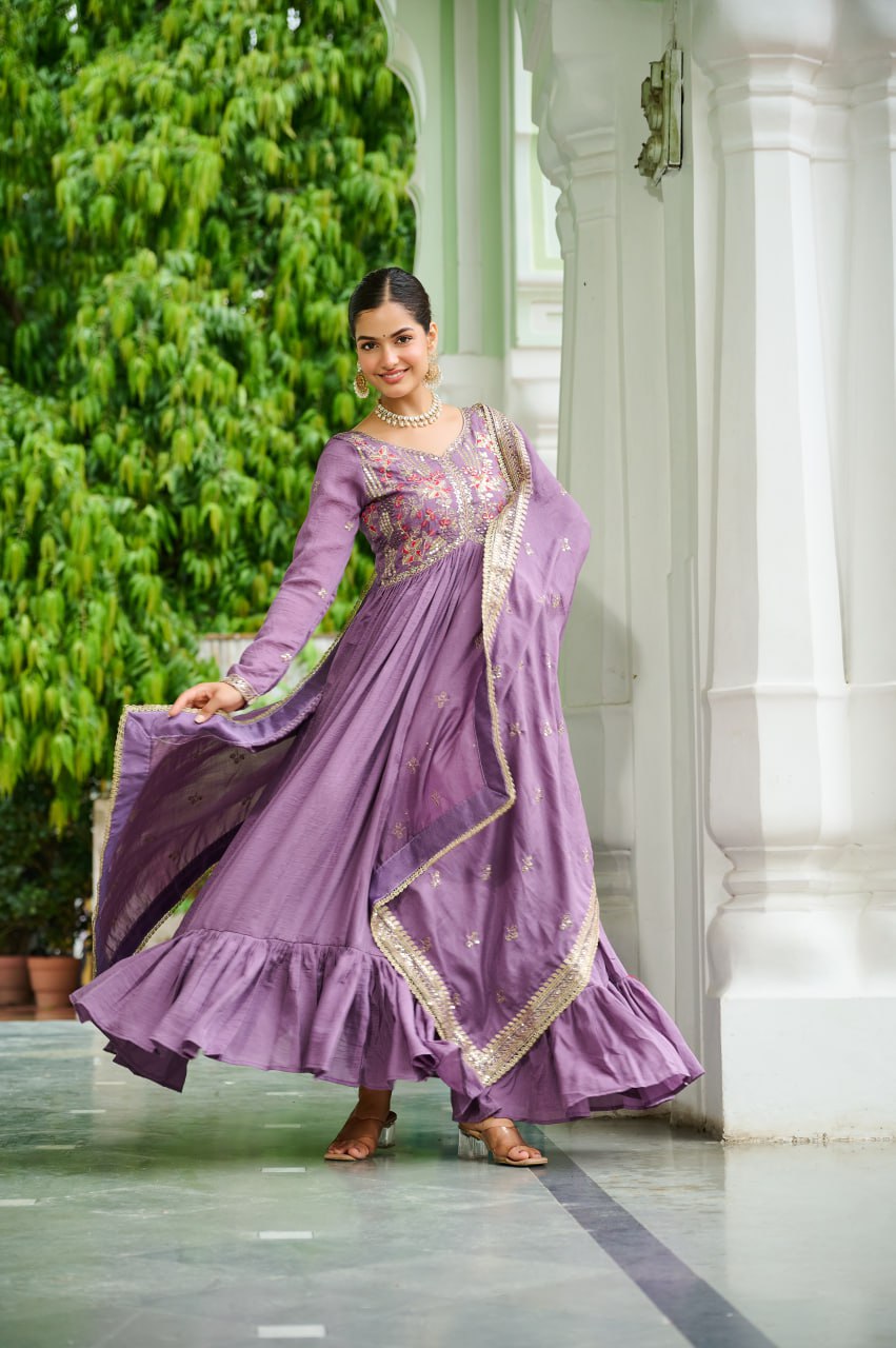 Lovender Vichitra Silk With Rich Embroidered Zari Work Gown