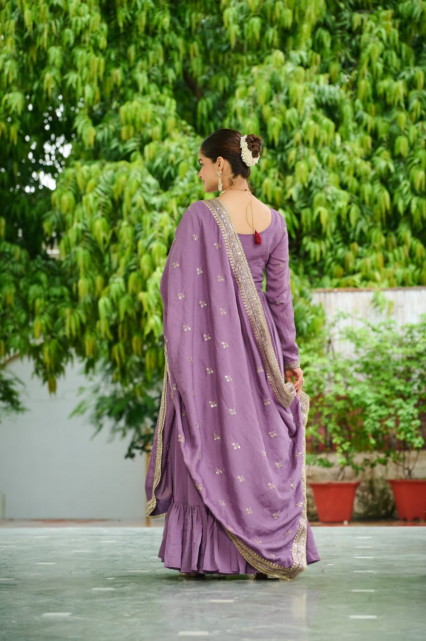 Lovender Faux Blooming Sequins Embroidered Work Gown