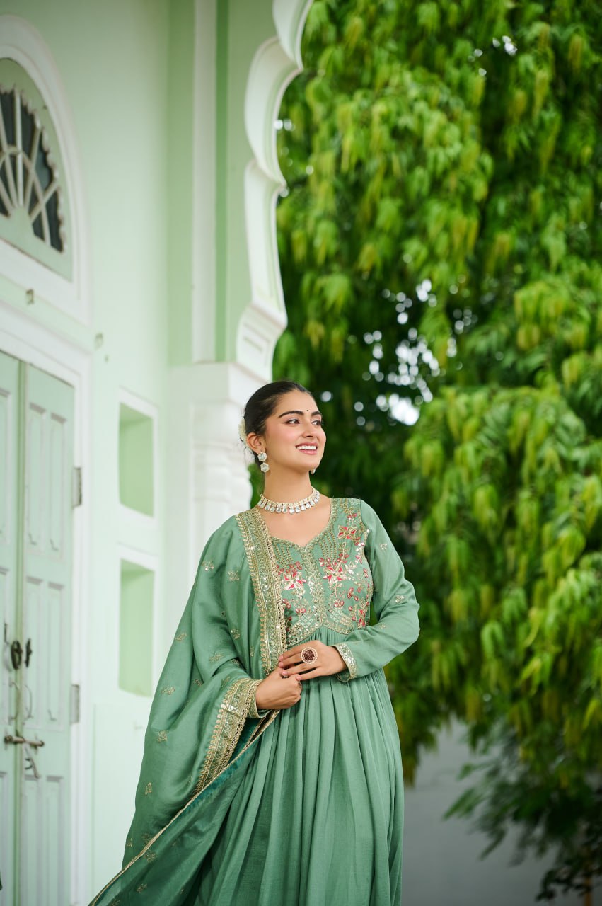 Pista Green Vichitra Silk With Rich Embroidered Zari Work Gown
