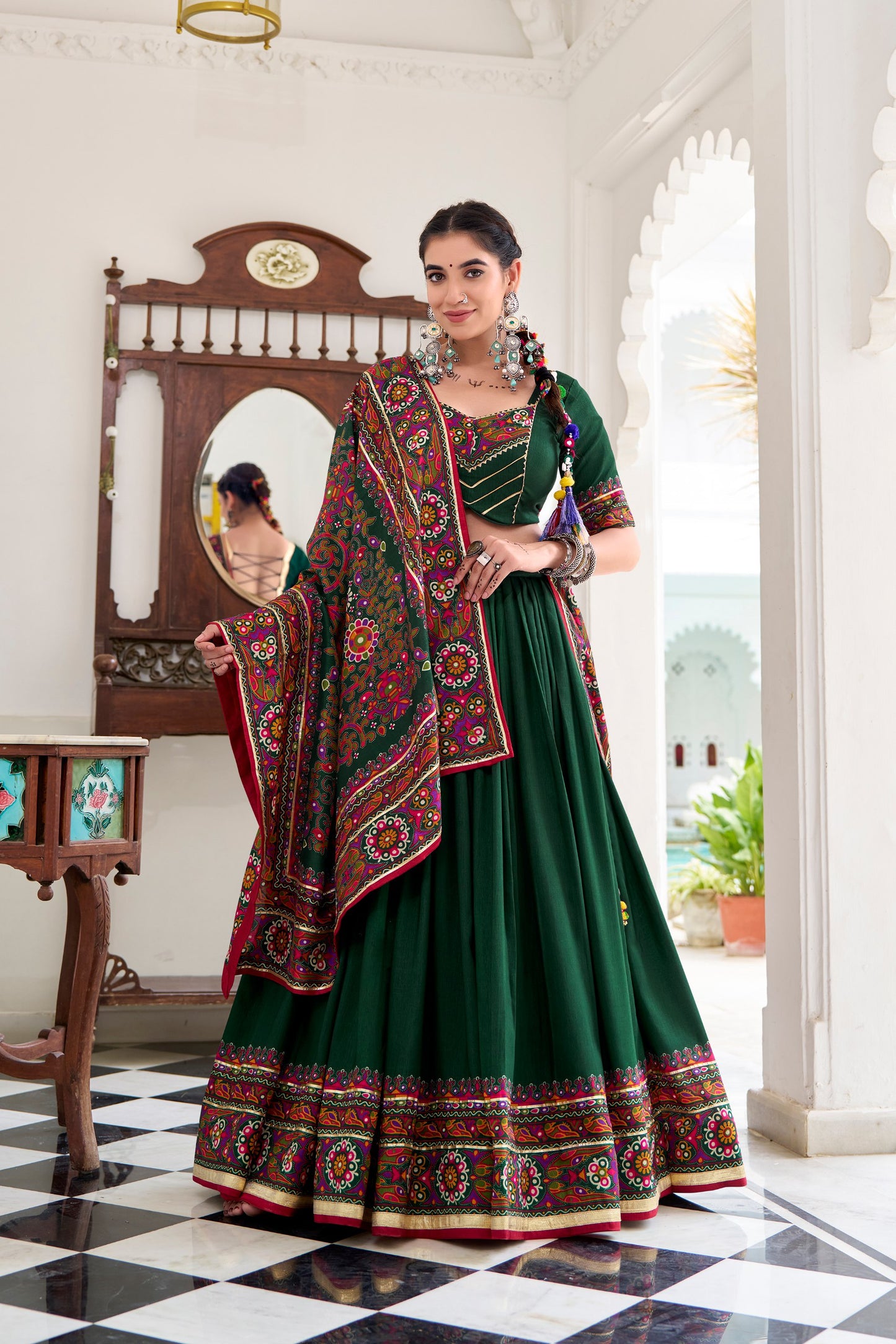 Green Tasar Silk Gamthi Print With Embossed Design Work Navratri Lehenga Choli