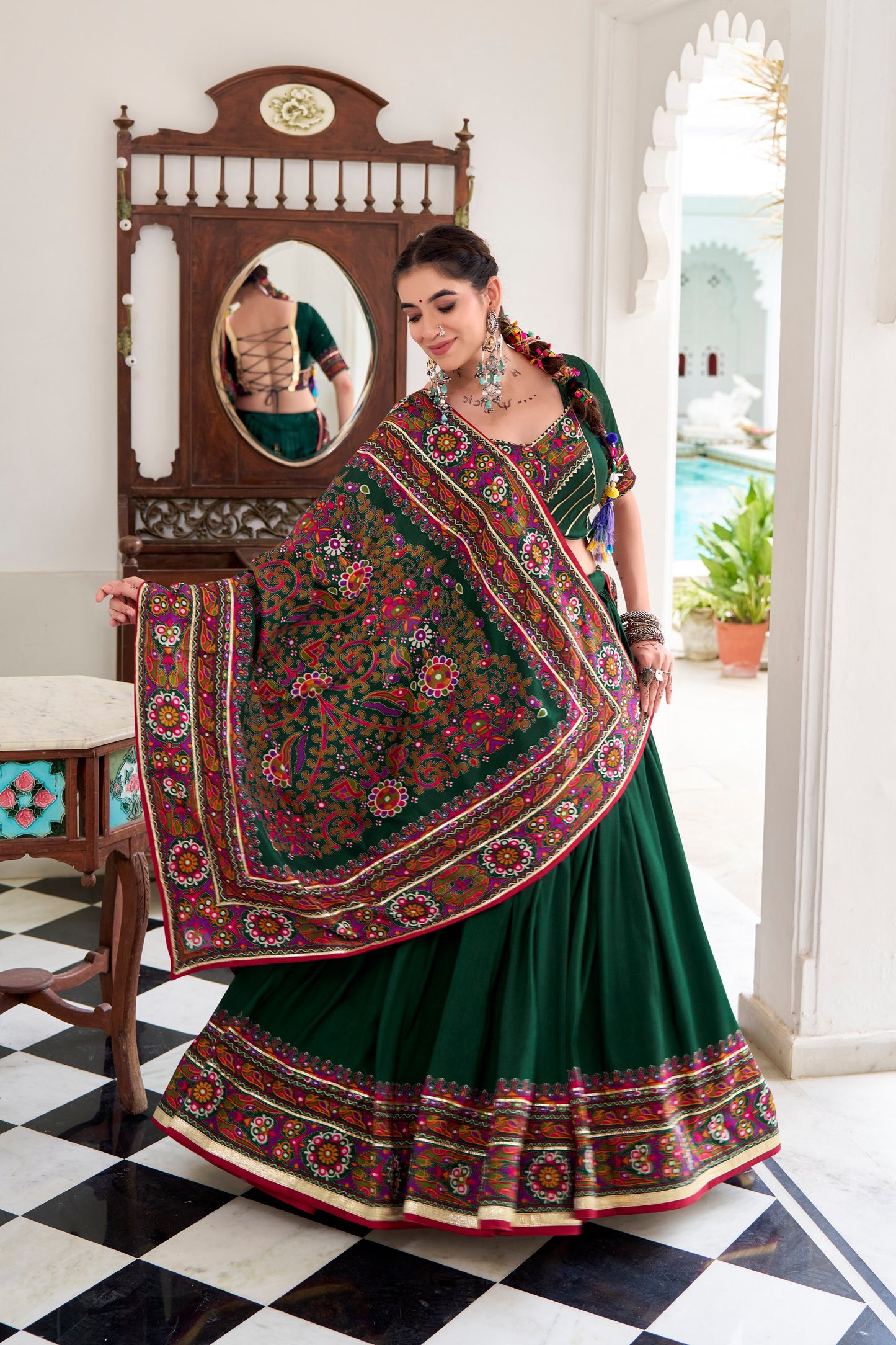 Green Tasar Silk Gamthi Print With Embossed Design Work Navratri Lehenga Choli