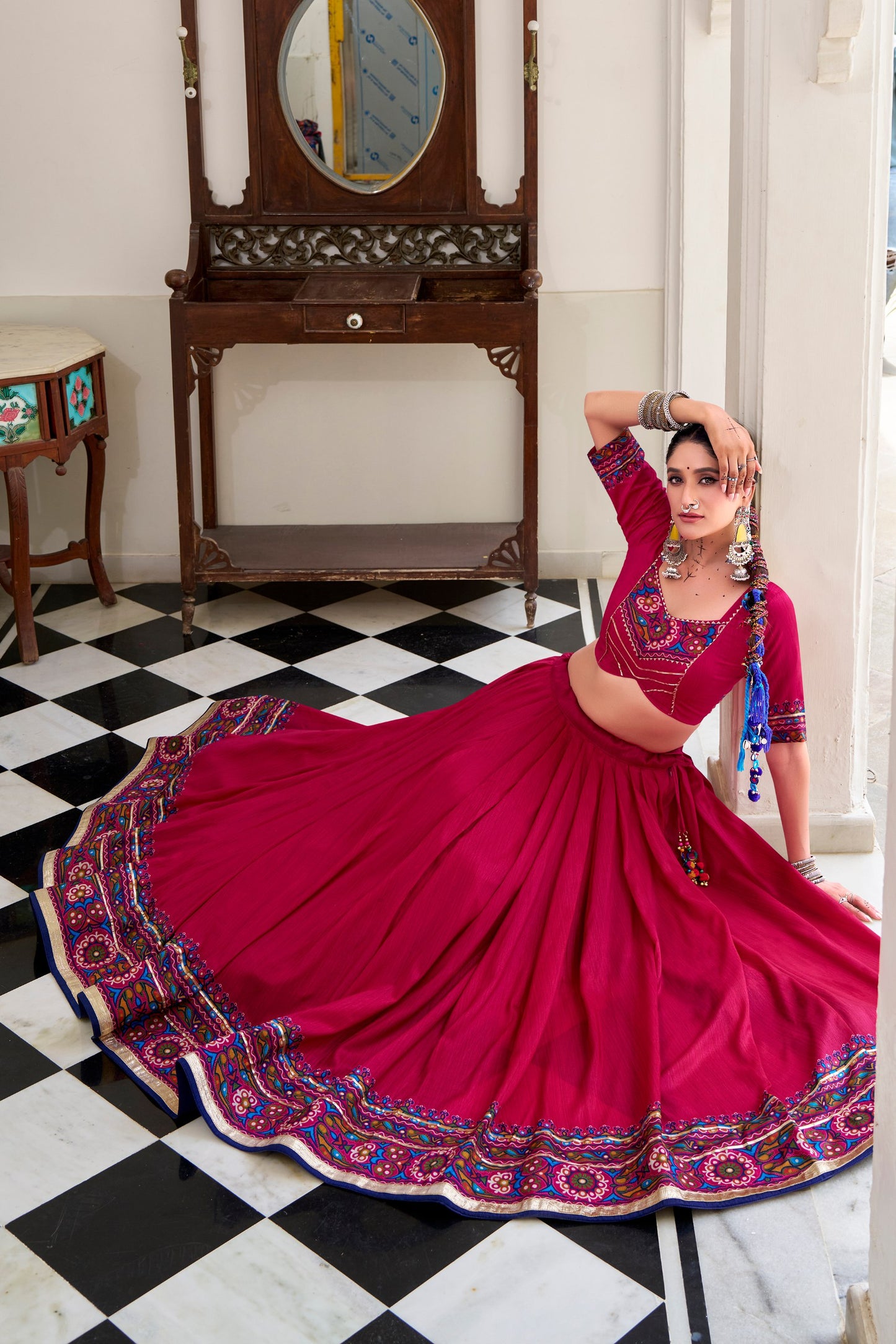 Pink Tasar Silk Gamthi Print With Embossed Design Work Navratri Lehenga Choli