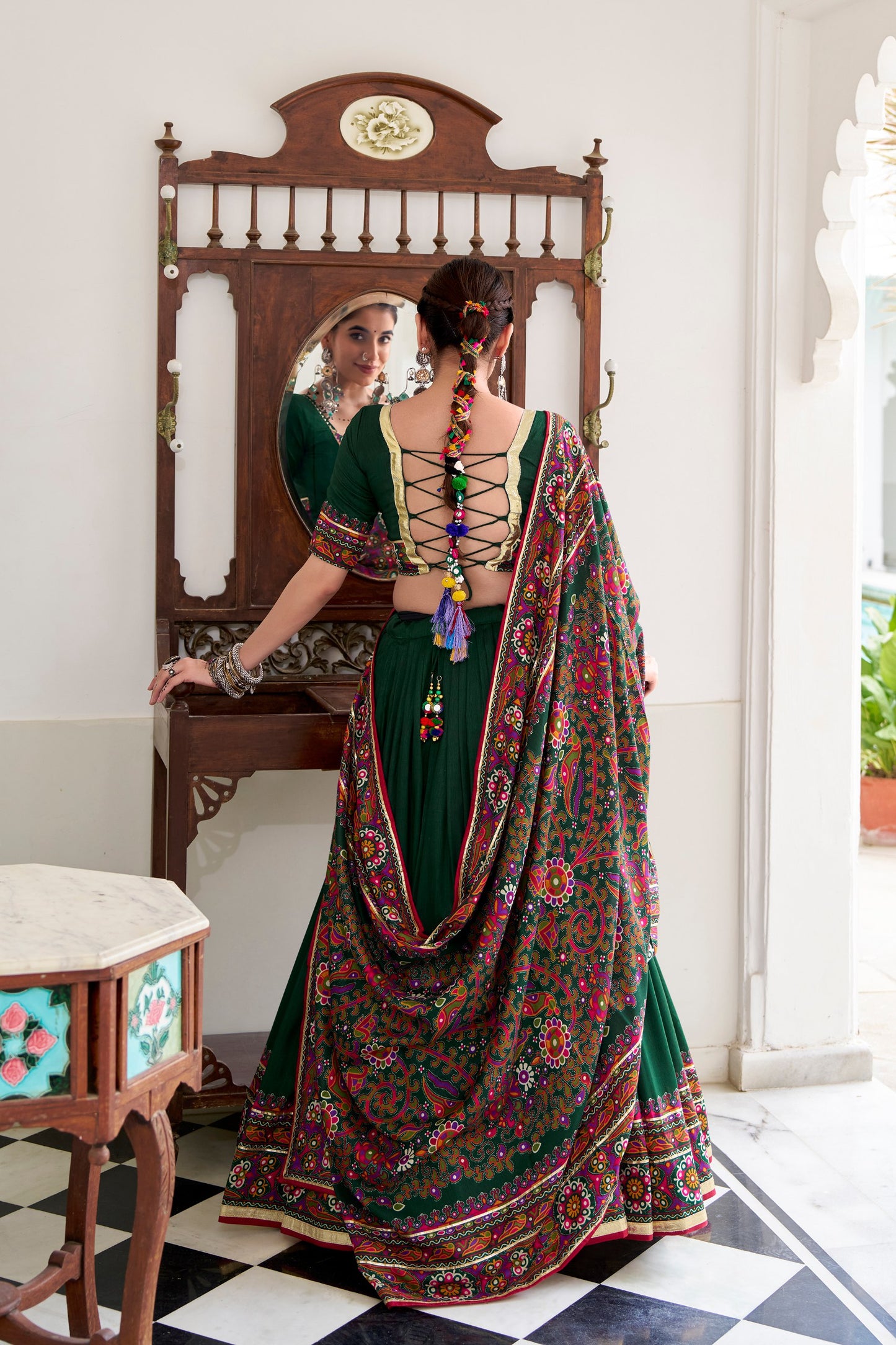 Green Tasar Silk Gamthi Print With Embossed Design Work Navratri Lehenga Choli