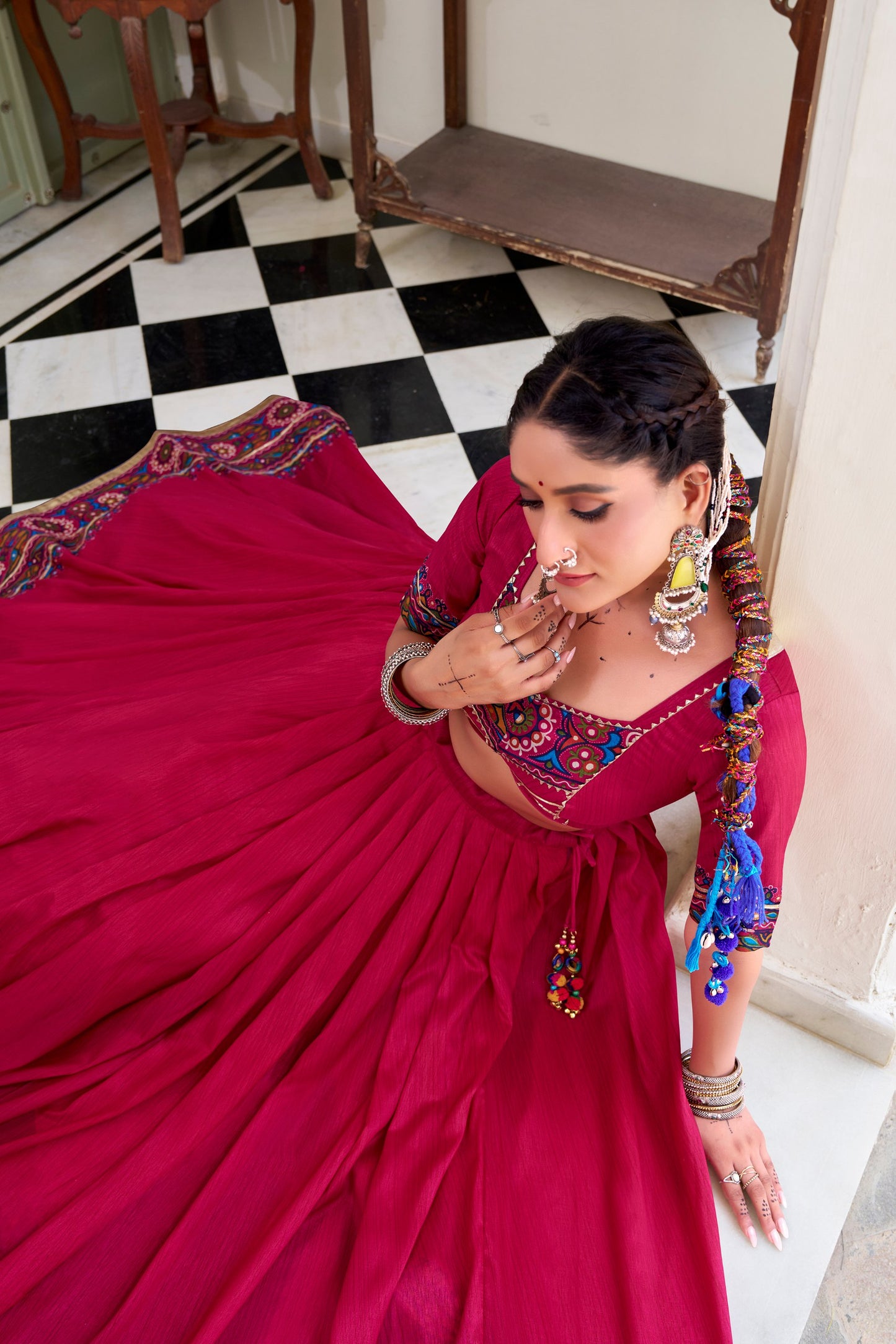 Pink Tasar Silk Gamthi Print With Embossed Design Work Navratri Lehenga Choli