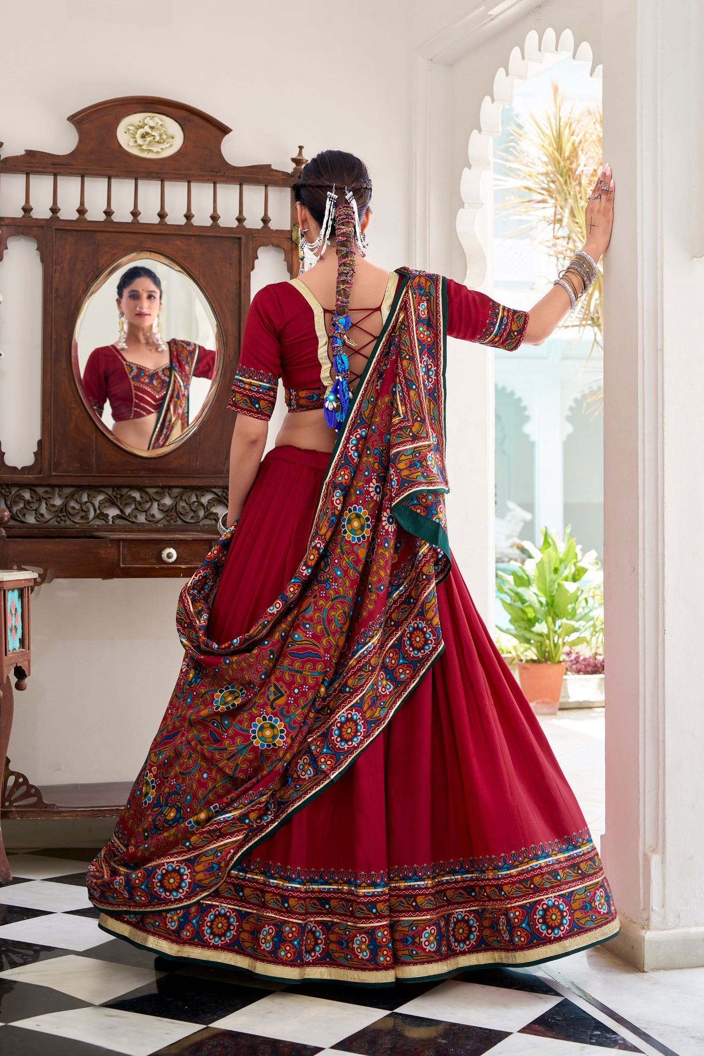 Red Tasar Silk Gamthi Print With Embossed Design Work Navratri Lehenga Choli