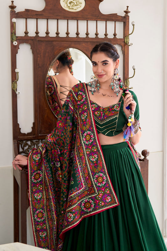 Green Tasar Silk Gamthi Print With Embossed Design Work Navratri Lehenga Choli