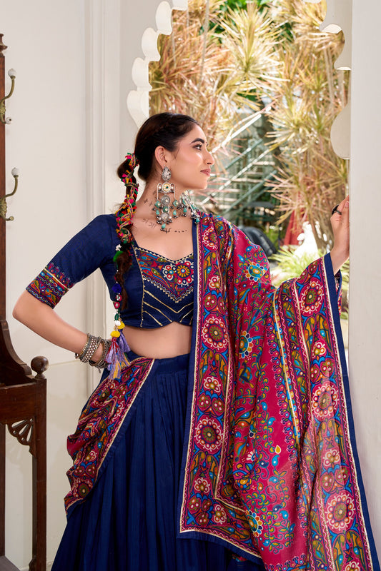 Navy Blue Tasar Silk Gamthi Print With Embossed Design Work Navratri Lehenga Choli