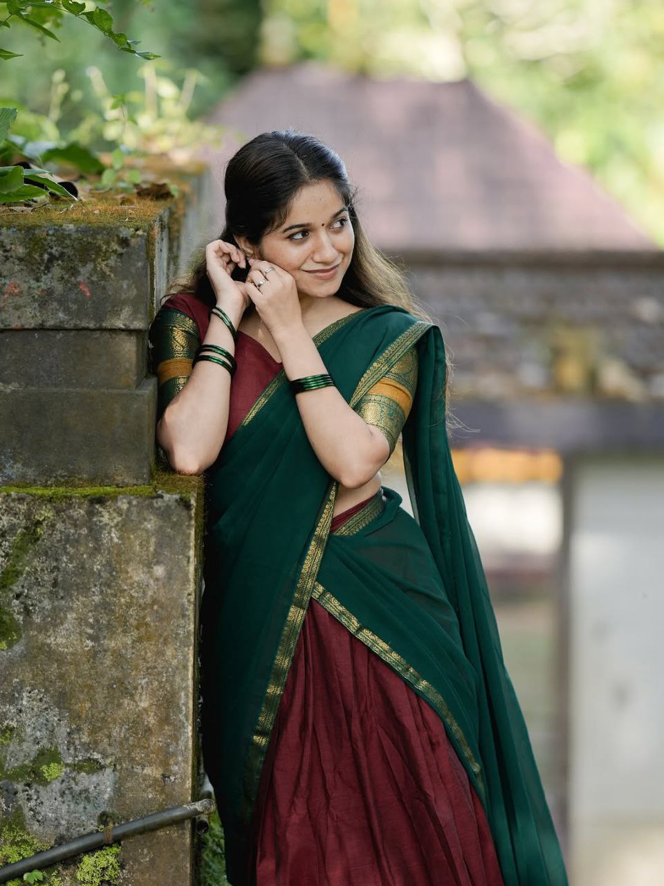 Maroon Kanjivaram Silk Half Saree – Traditional Zari Weaving Langa Voni Set