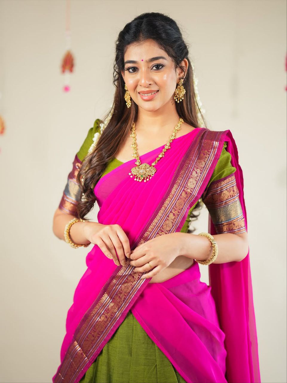 Olive Green Kanjivaram Silk Half Saree – Traditional Zari Weaving Langa Voni Set