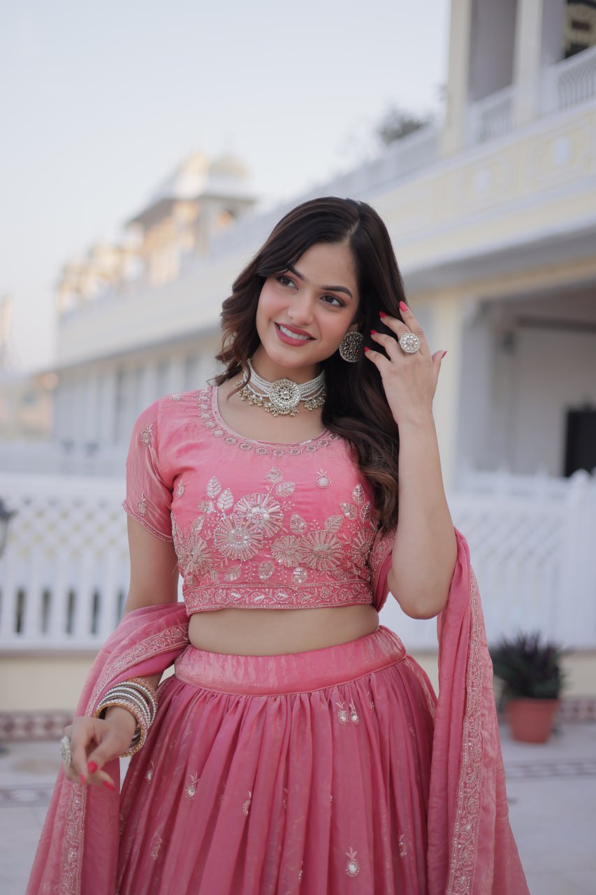 Pink Fendi Silk With Heavy Sequins Zari Thread Embroidered Work Lehenga Choli