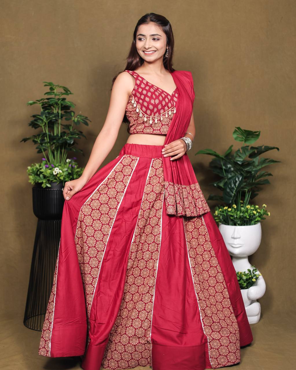 Pink Pure Reyon Cotton Beautiful Ajarakh Printed Kali Work Navratri Lehenga Choli