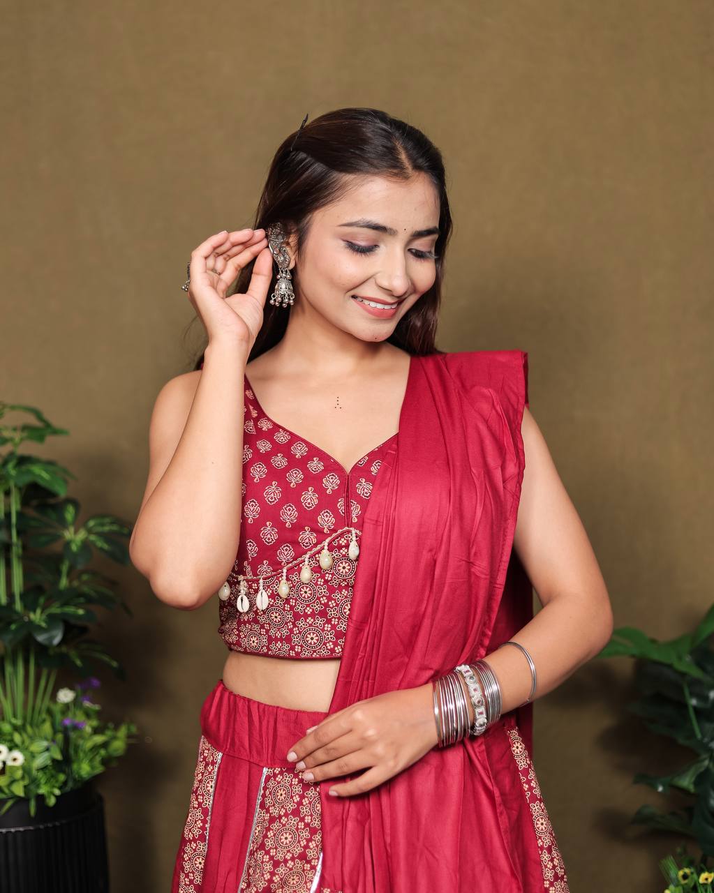 Pink Pure Reyon Cotton Beautiful Ajarakh Printed Kali Work Navratri Lehenga Choli