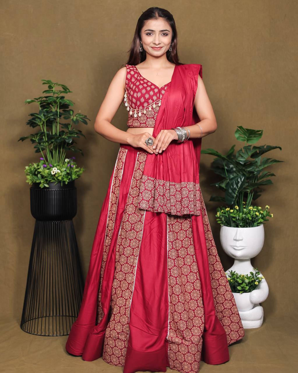 Pink Pure Reyon Cotton Beautiful Ajarakh Printed Kali Work Navratri Lehenga Choli
