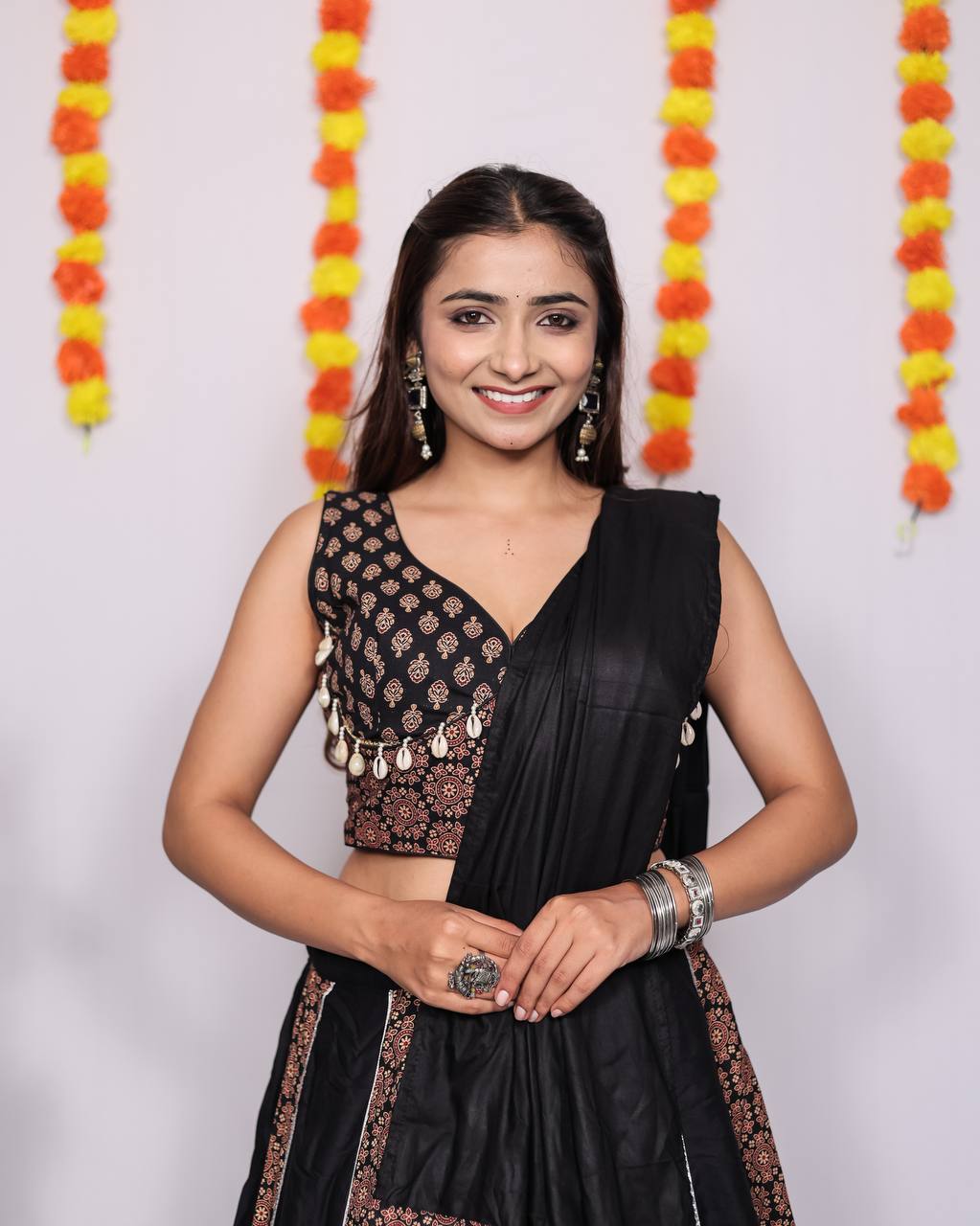 Black Pure Reyon Cotton Beautiful Ajarakh Printed Kali Work Navratri Lehenga Choli