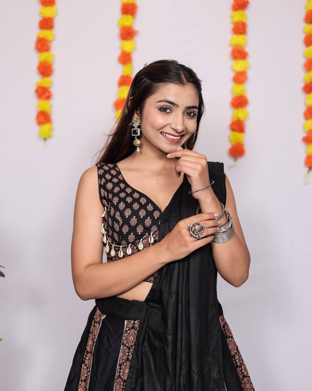 Black Pure Reyon Cotton Beautiful Ajarakh Printed Kali Work Navratri Lehenga Choli
