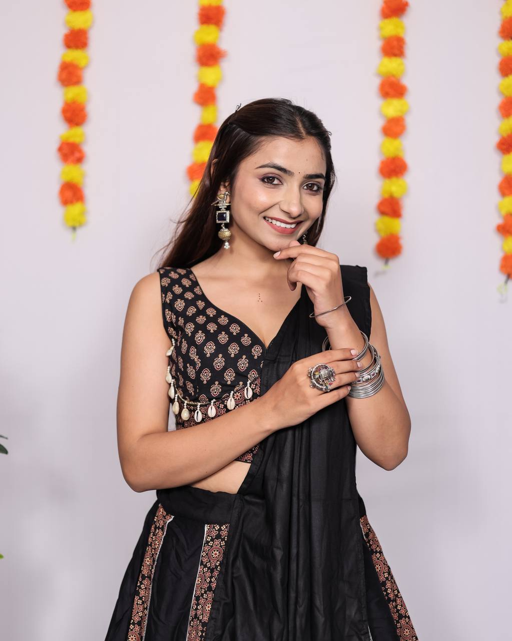 Black Pure Reyon Cotton Beautiful Ajarakh Printed Kali Work Navratri Lehenga Choli