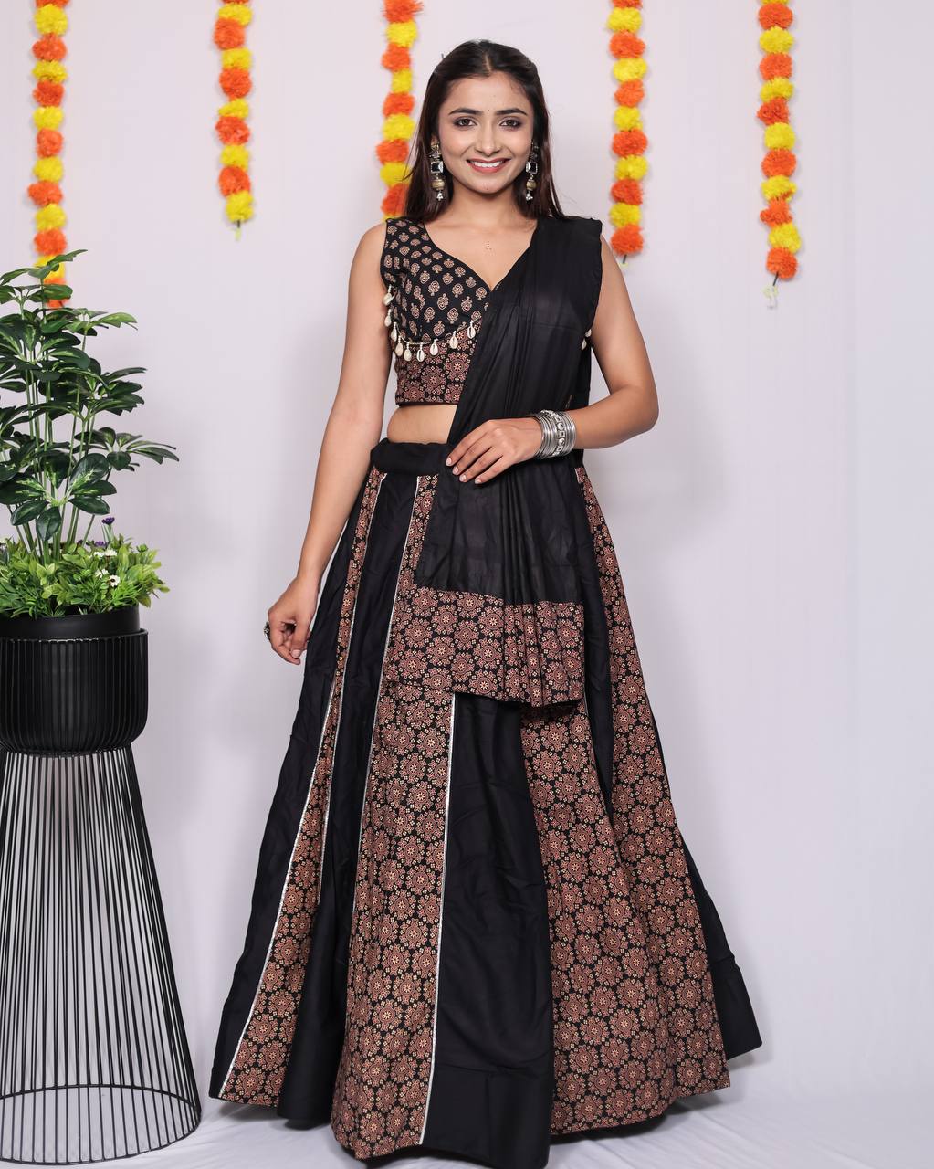 Black Pure Reyon Cotton Beautiful Ajarakh Printed Kali Work Navratri Lehenga Choli