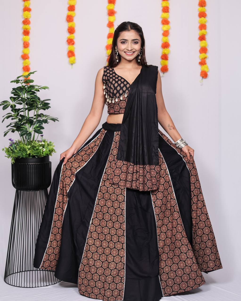 Black Pure Reyon Cotton Beautiful Ajarakh Printed Kali Work Navratri Lehenga Choli