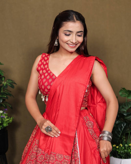 Pink Pure Reyon Cotton Beautiful Ajarakh Printed Kali Work Navratri Lehenga Choli