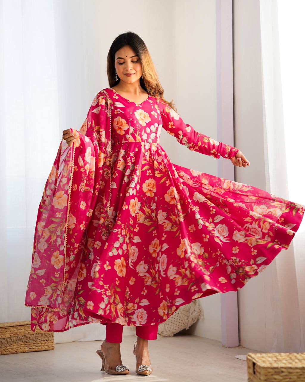 Pink Pure Soft Organja Silk Fabric Fully Flair Kali Pattern And Canvas Patta Salwar Suit
