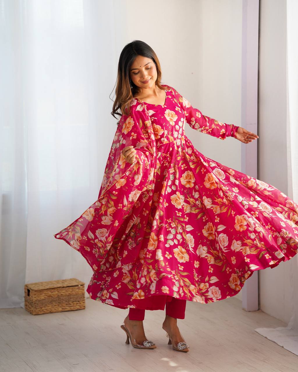 Pink Pure Soft Organja Silk Fabric Fully Flair Kali Pattern And Canvas Patta Salwar Suit