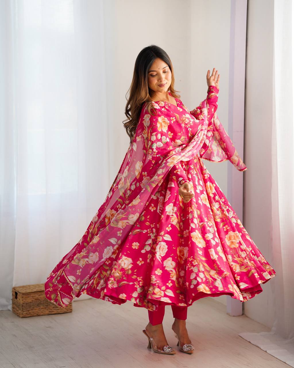 Pink Pure Soft Organja Silk Fabric Fully Flair Kali Pattern And Canvas Patta Salwar Suit