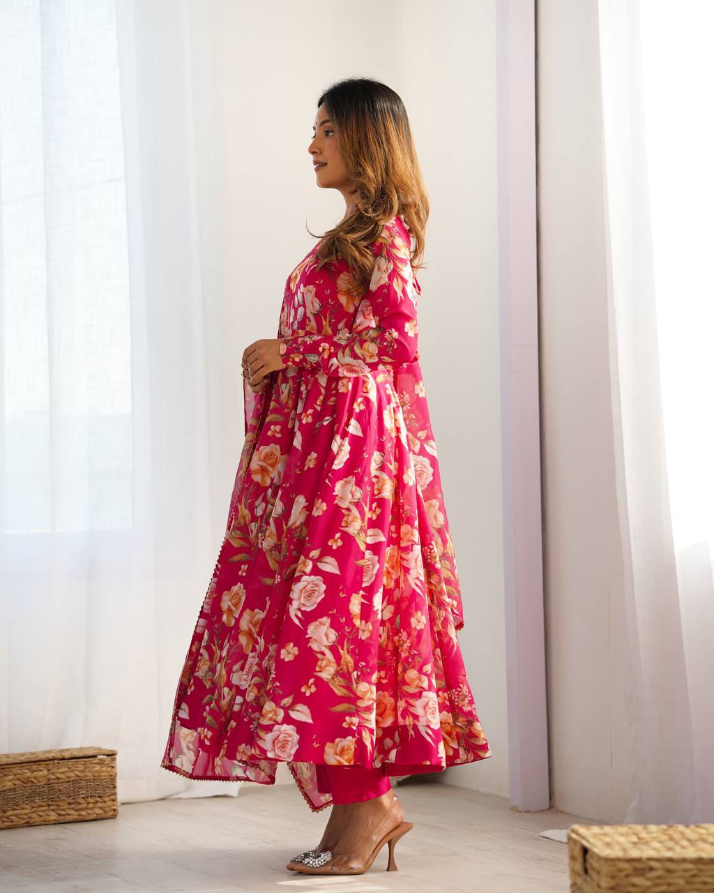 Pink Pure Soft Organja Silk Fabric Fully Flair Kali Pattern And Canvas Patta Salwar Suit