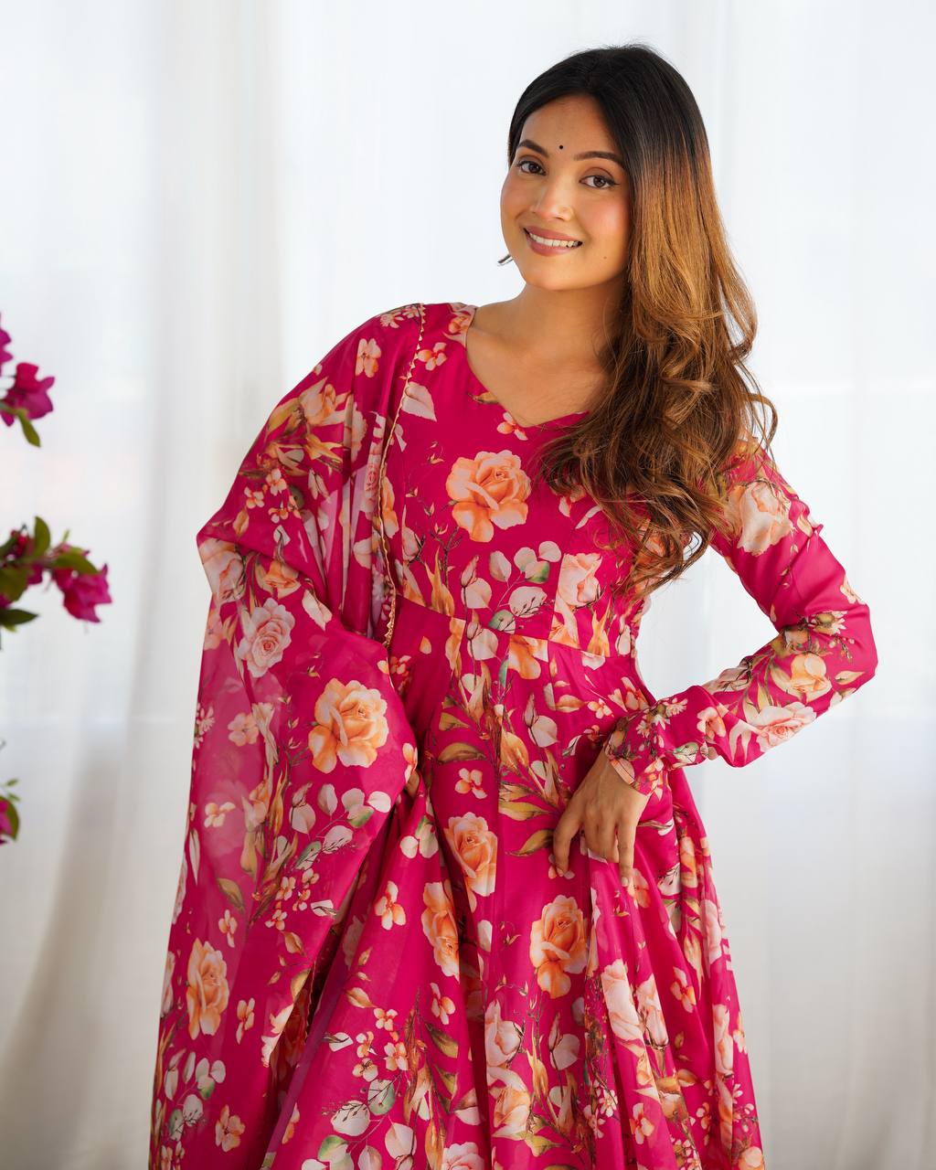 Pink Pure Soft Organja Silk Fabric Fully Flair Kali Pattern And Canvas Patta Salwar Suit