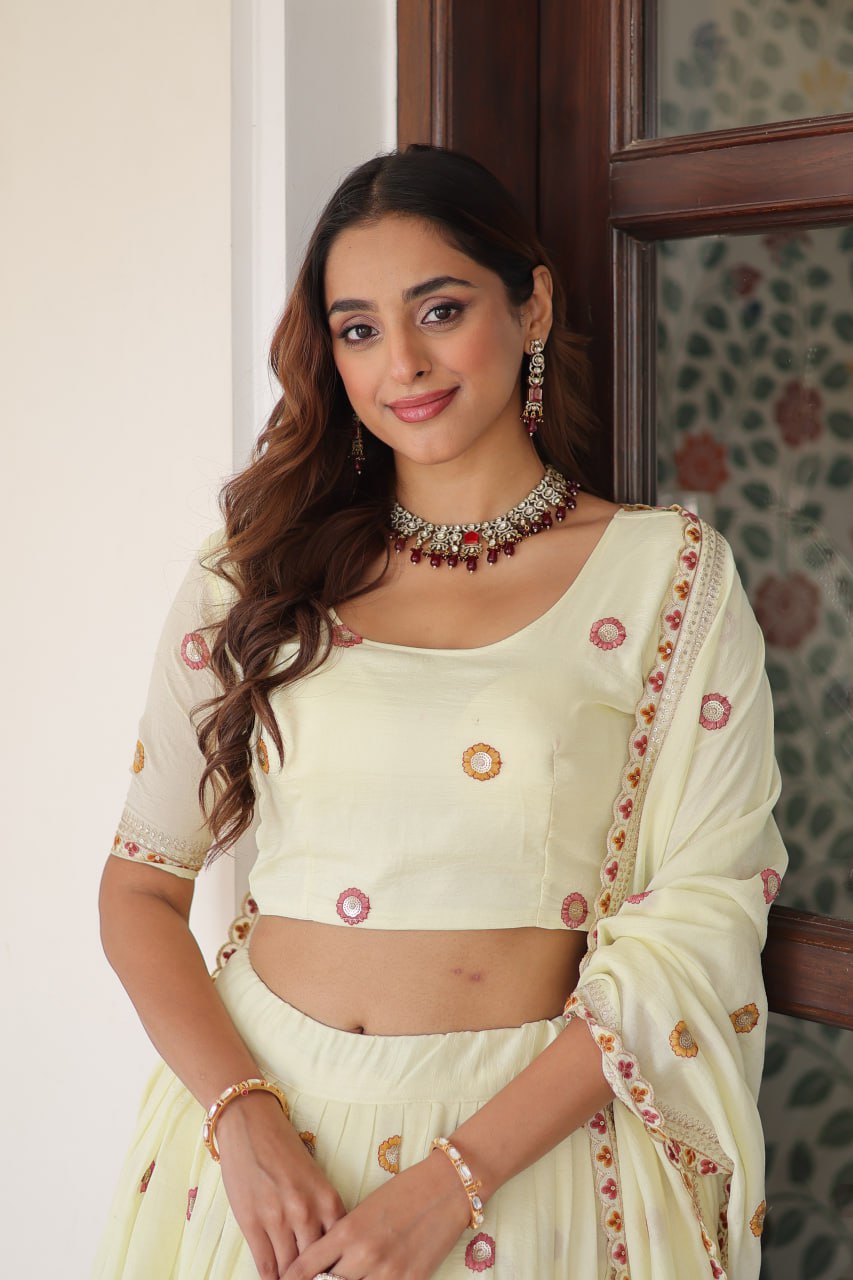 Off White Vichitra Silk With Sequins Zari Thread Multi Embroidered Work Lehenga Choli