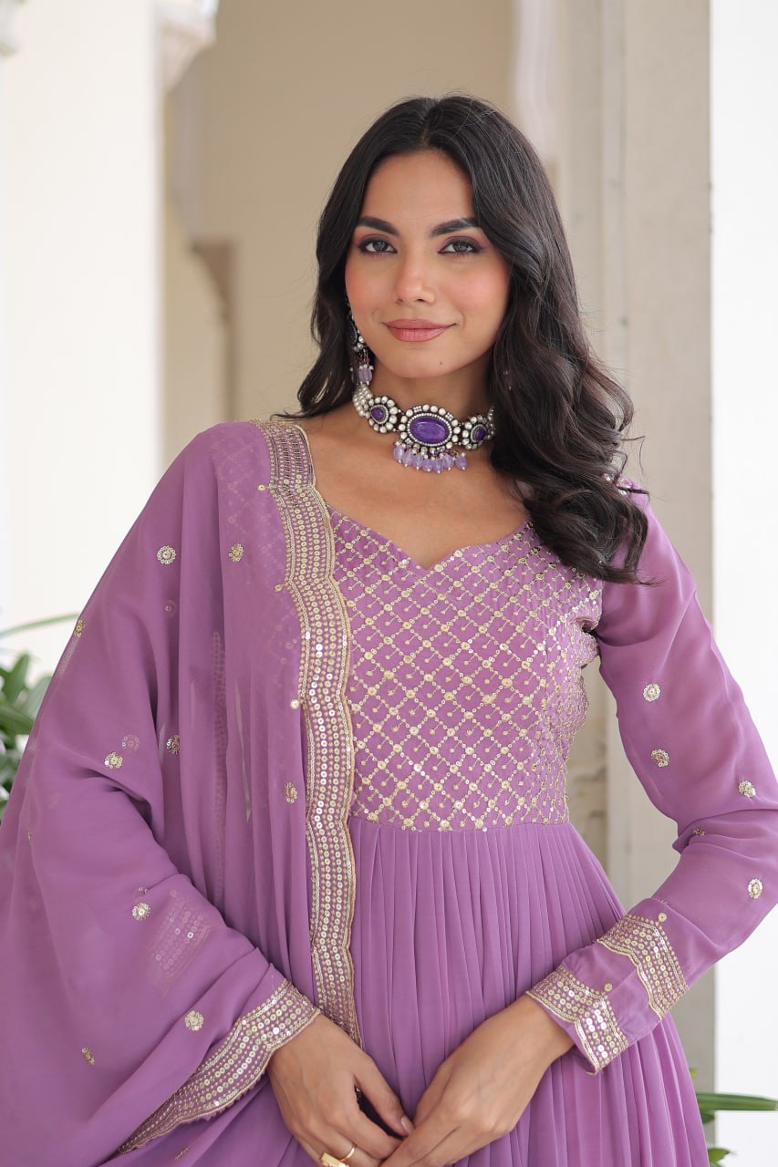 Onion Faux Georgette With Sequins Work Three Layer Frill Stitch Gown