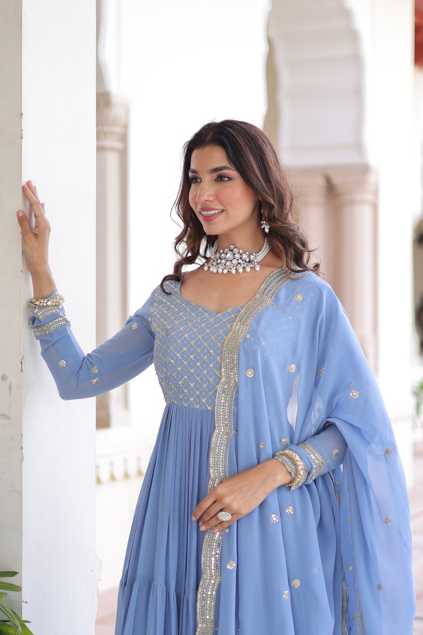 Sky Faux Georgette Sequins Zari Embroidered Work Three Layer Frill Stitch Gown