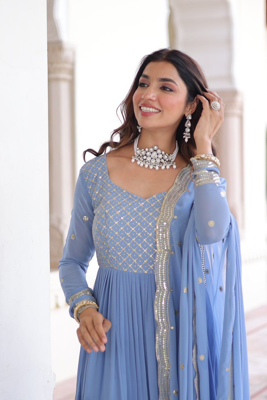 Sky Faux Georgette With Sequins Work Three Layer Frill Stitch Gown