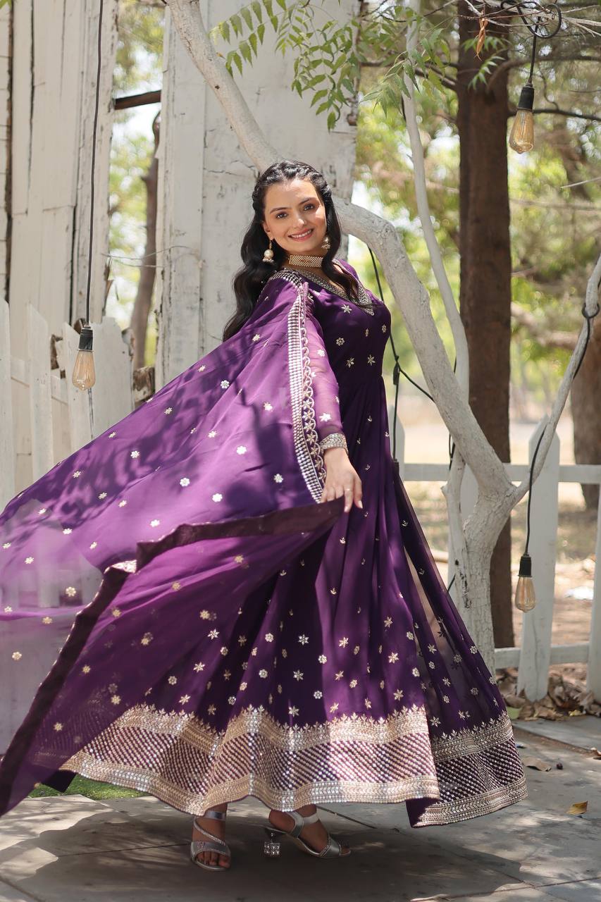 Purple V Neck Faux Blooming Gown With Rich Sequins Embroidered Work Gown