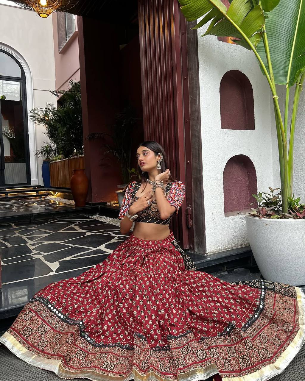 Maroon Multicolor Printed Reyon Real Mirror Work Stitched Navratri Lehenga Choli