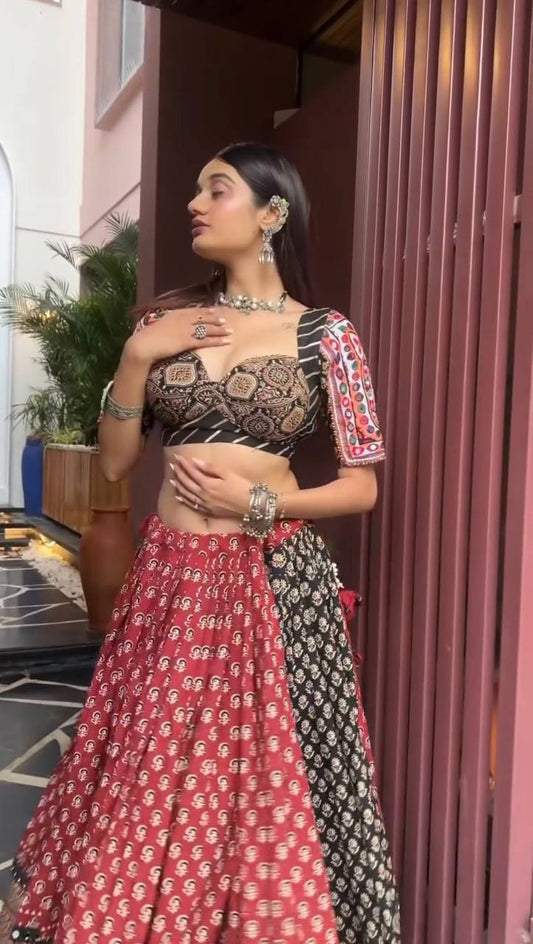 Maroon Multicolor Printed Reyon Real Mirror Work Stitched Navratri Lehenga Choli