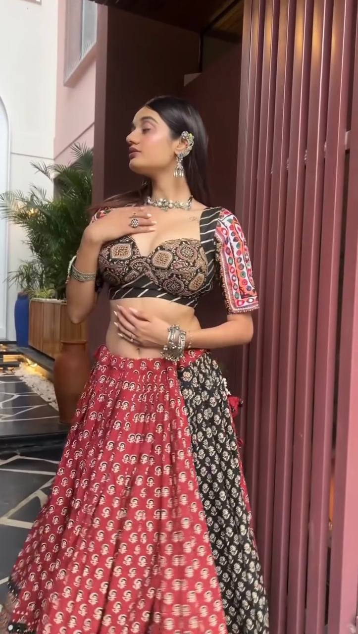 Maroon Multicolor Printed Reyon Real Mirror Work Stitched Navratri Lehenga Choli