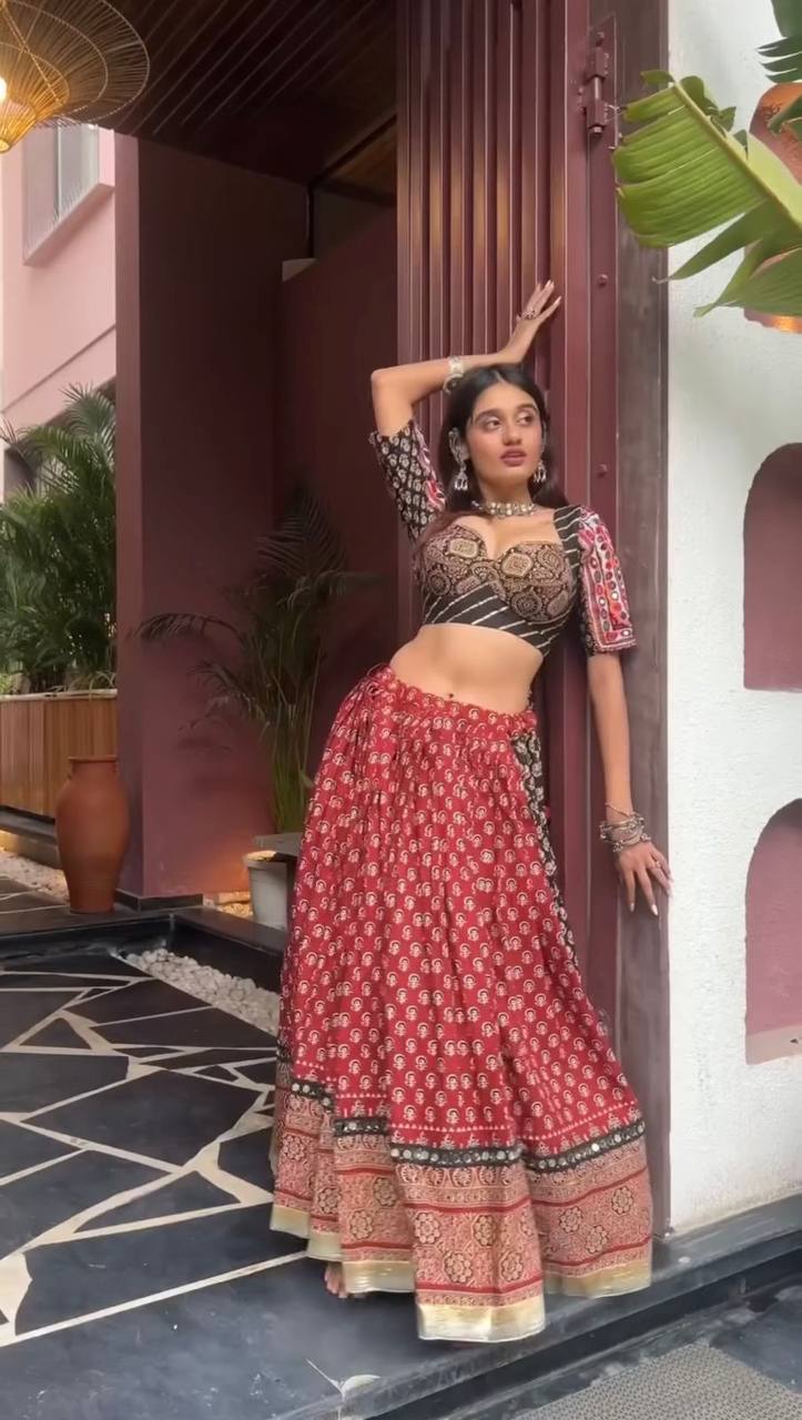Maroon Multicolor Printed Reyon Real Mirror Work Stitched Navratri Lehenga Choli