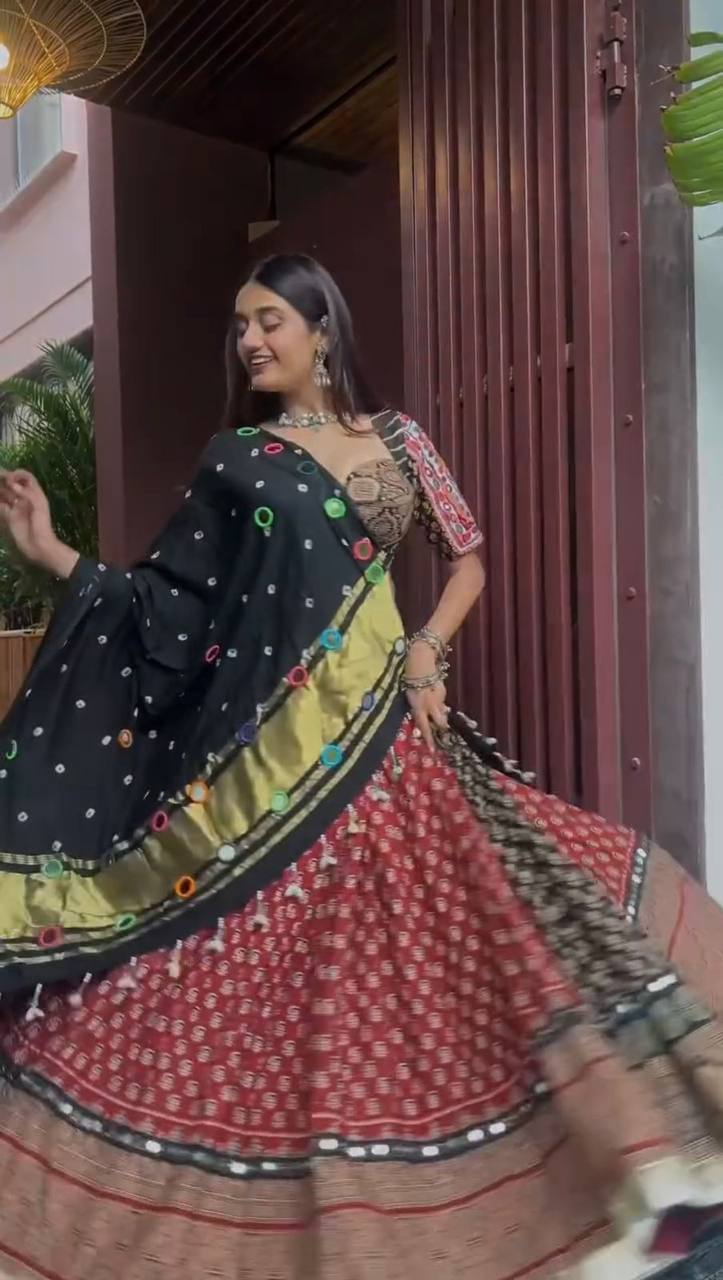 Maroon Multicolor Printed Reyon Real Mirror Work Stitched Navratri Lehenga Choli