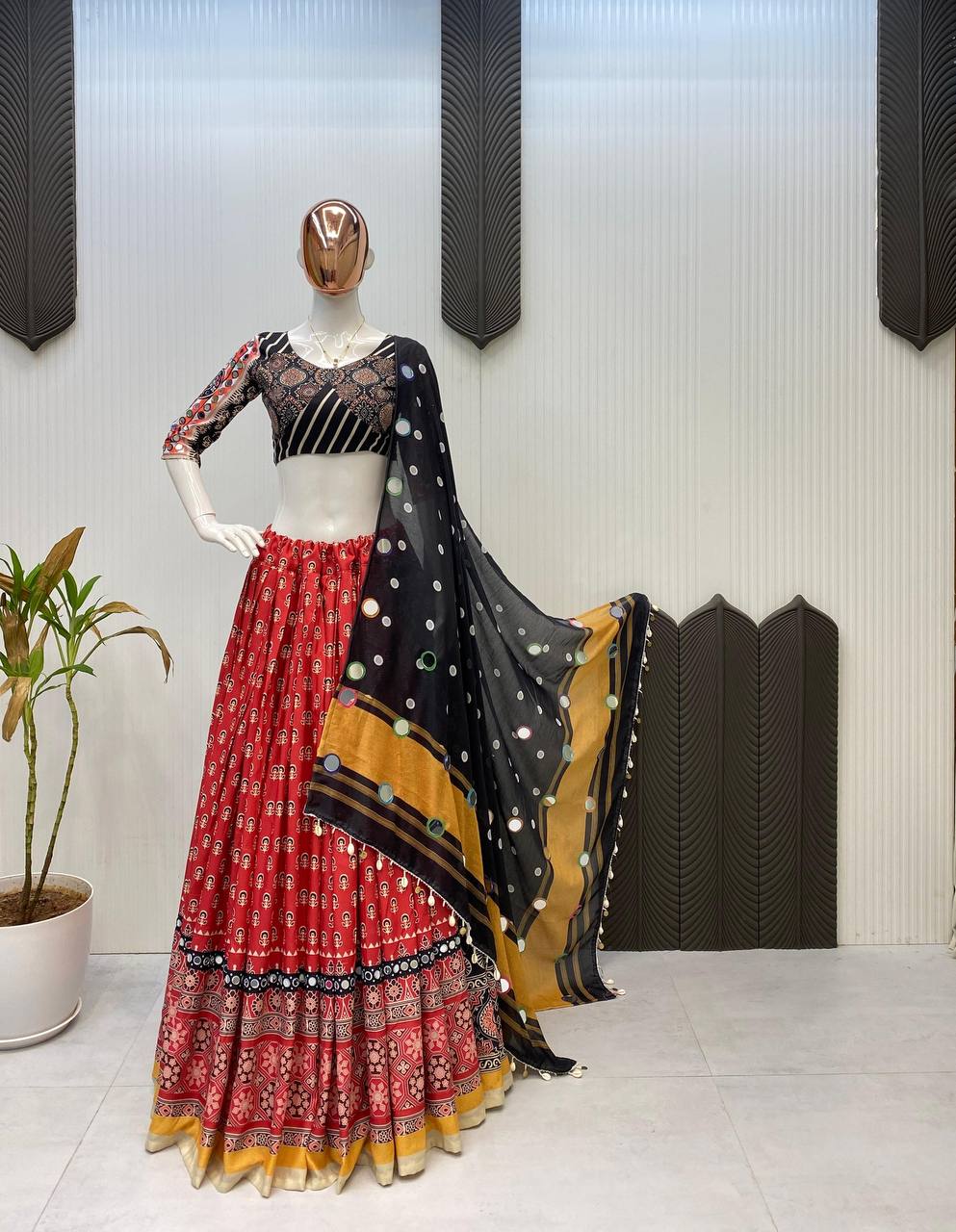 Maroon Multicolor Printed Reyon Real Mirror Work Stitched Navratri Lehenga Choli