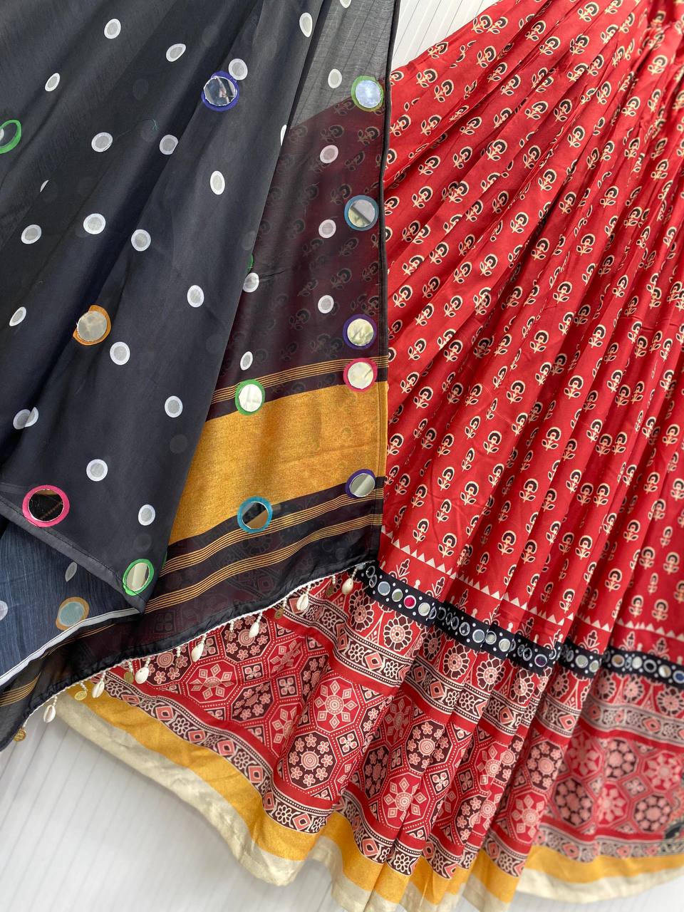 Maroon Multicolor Printed Reyon Real Mirror Work Stitched Navratri Lehenga Choli