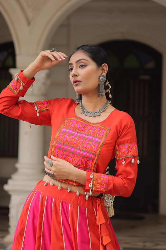 Orange Attractive Combination Of Mirror Lace Embellished Work Navratri Lehenga Choli