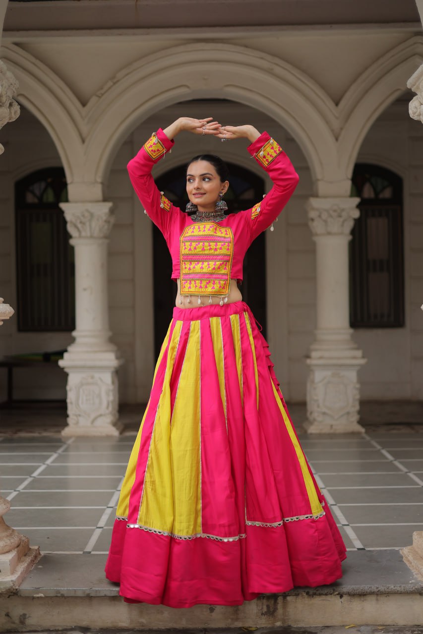 Pink Attractive Combination Of Mirror Lace Embellished Work Navratri Lehenga Choli