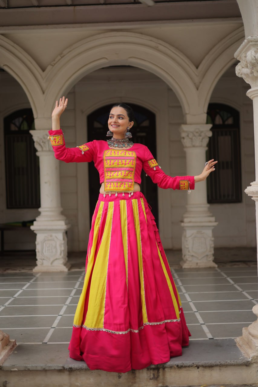 Pink Attractive Combination Of Mirror Lace Embellished Work Navratri Lehenga Choli