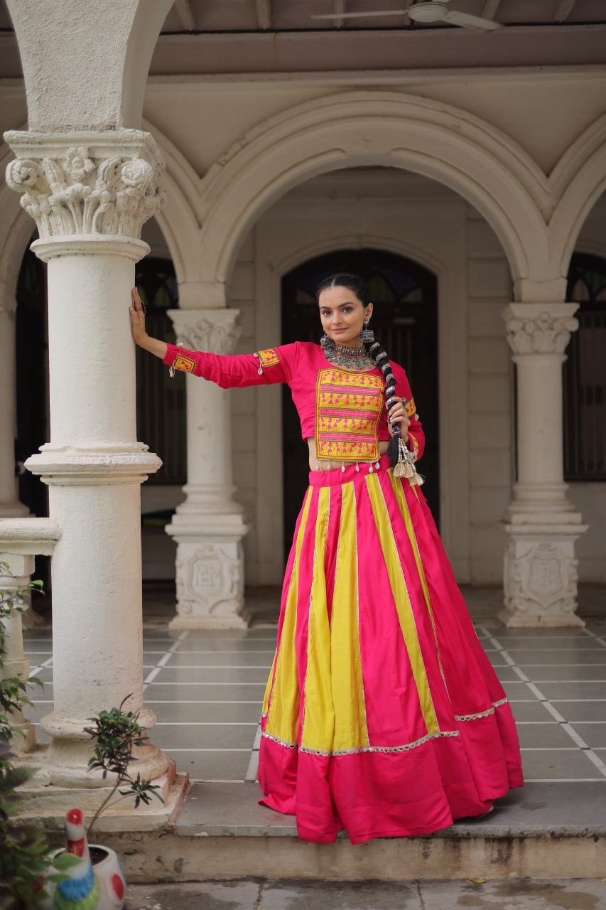 Pink Attractive Combination Of Mirror Lace Embellished Work Navratri Lehenga Choli