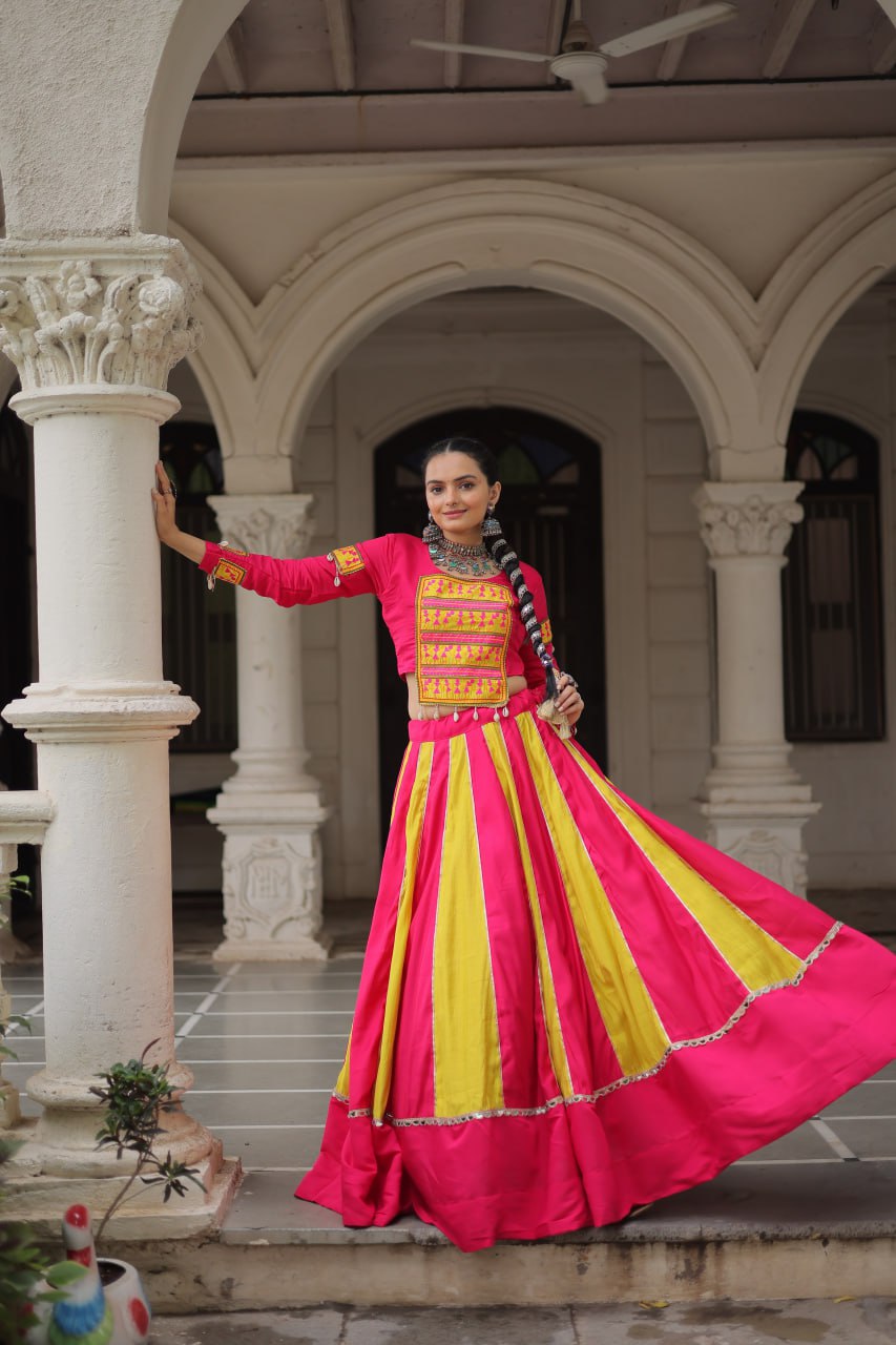 Pink Attractive Combination Of Mirror Lace Embellished Work Navratri Lehenga Choli