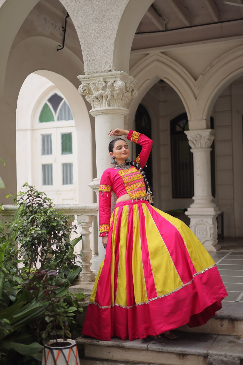 Pink Attractive Combination Of Mirror Lace Embellished Work Navratri Lehenga Choli